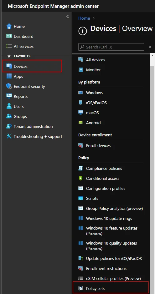 Einstellungsseite für Microsoft Intune Policy Sets