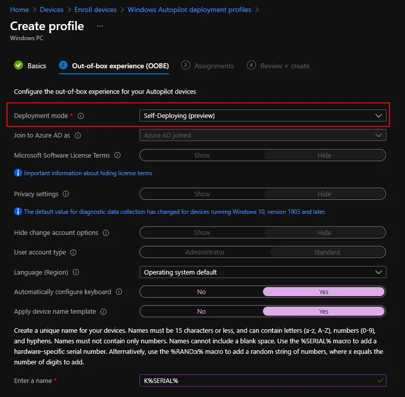 Windows Intune kiosk PC setup configuration screen