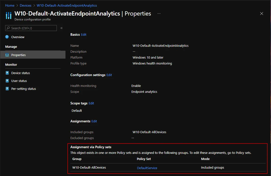 Konfigurationsbildschirm für Microsoft Intune Policy Sets