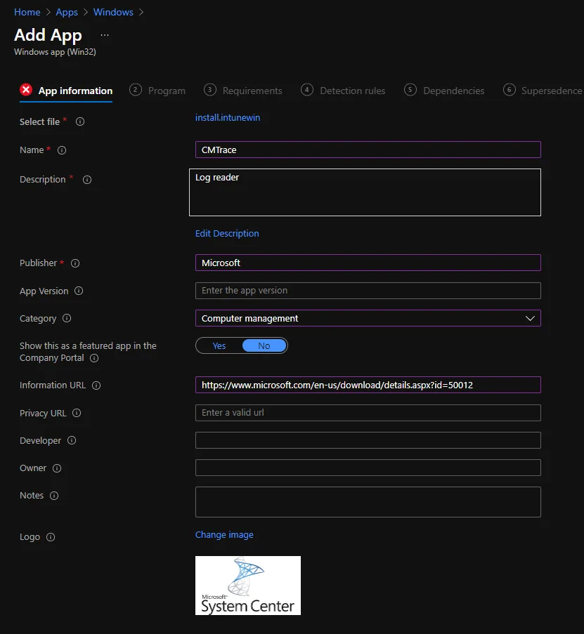 Eine Win32-App mit Intune bereitstellen (Cmtrace)