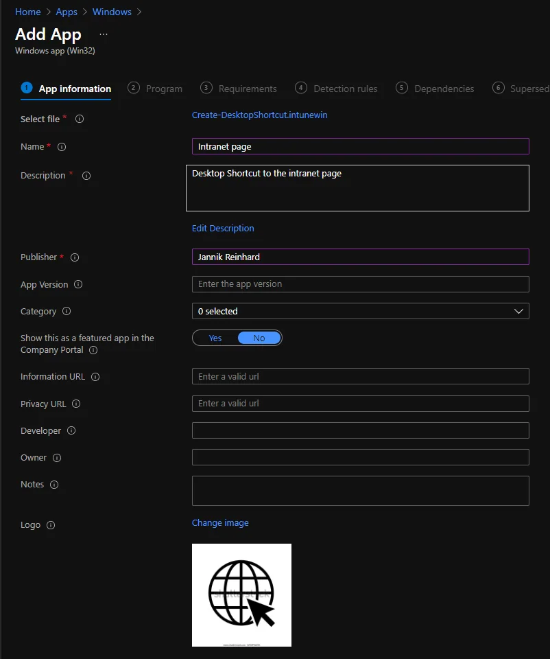 Eine Desktop-Verknüpfung zu einer Website mit Microsoft Intune erstellen