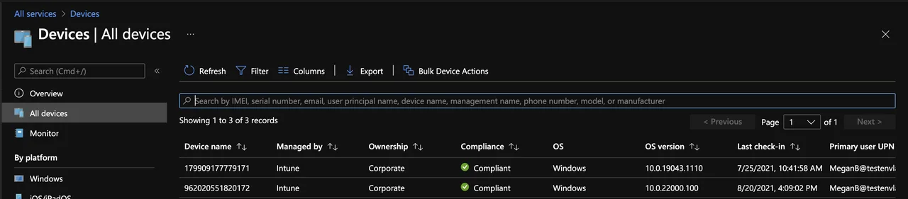 Microsoft Intune Verwaltungsbildschirm aller Geräte