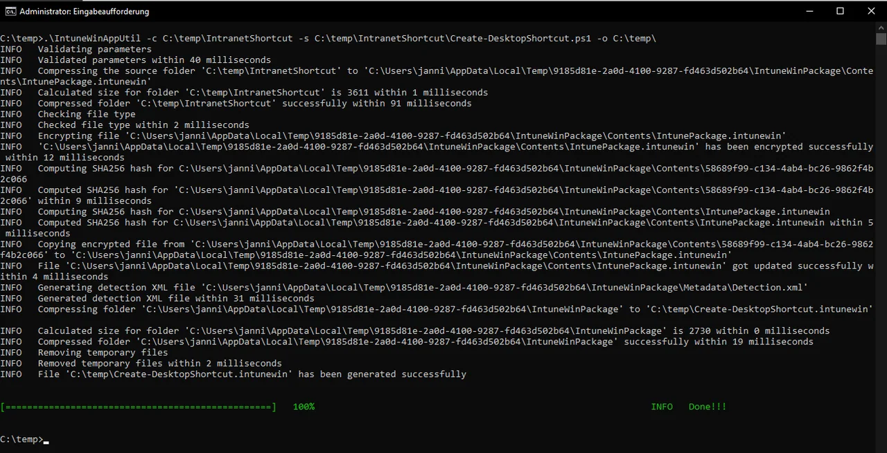 Intune Win32-App-Paket Erfolgsmeldung bei der Erstellung