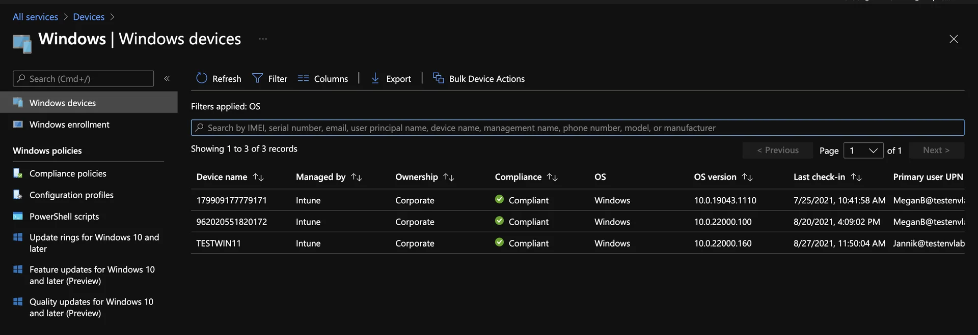 Microsoft Intune Windows-Geräteliste im Endpoint Manager