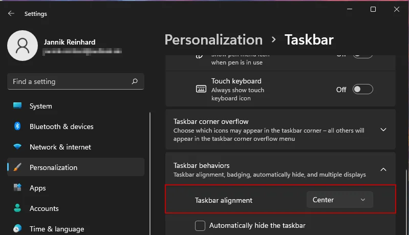 Windows 11 Taskleiste mit Intune links ausgerichtet