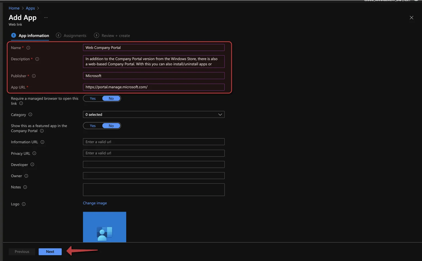 Microsoft Intune Web-Link-Einrichtung für das Company Portal