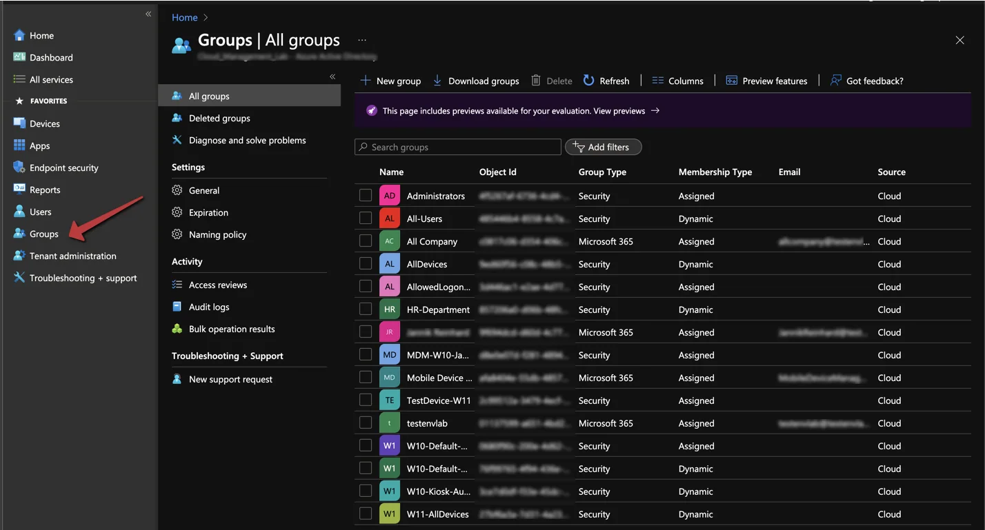 Menü Benutzer und Gruppen in Microsoft Endpoint Manager