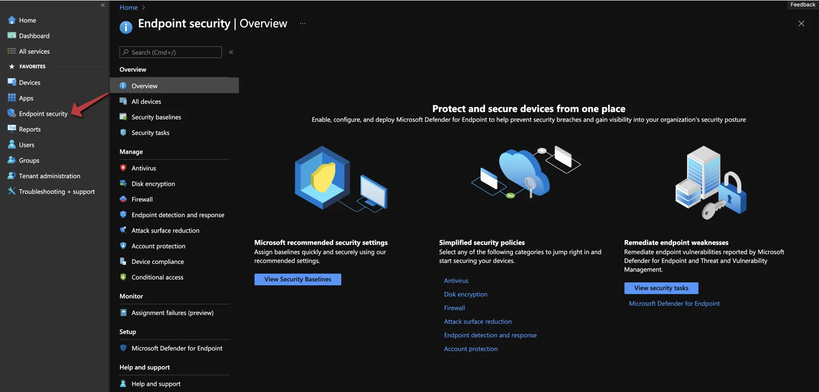Microsoft Endpoint Manager endpoint security overview screen