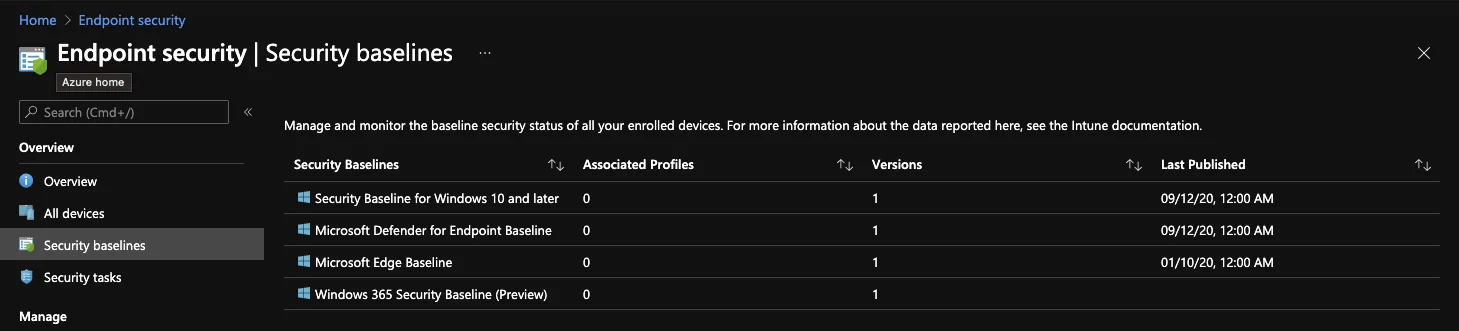 Microsoft Endpoint Manager endpoint security overview page