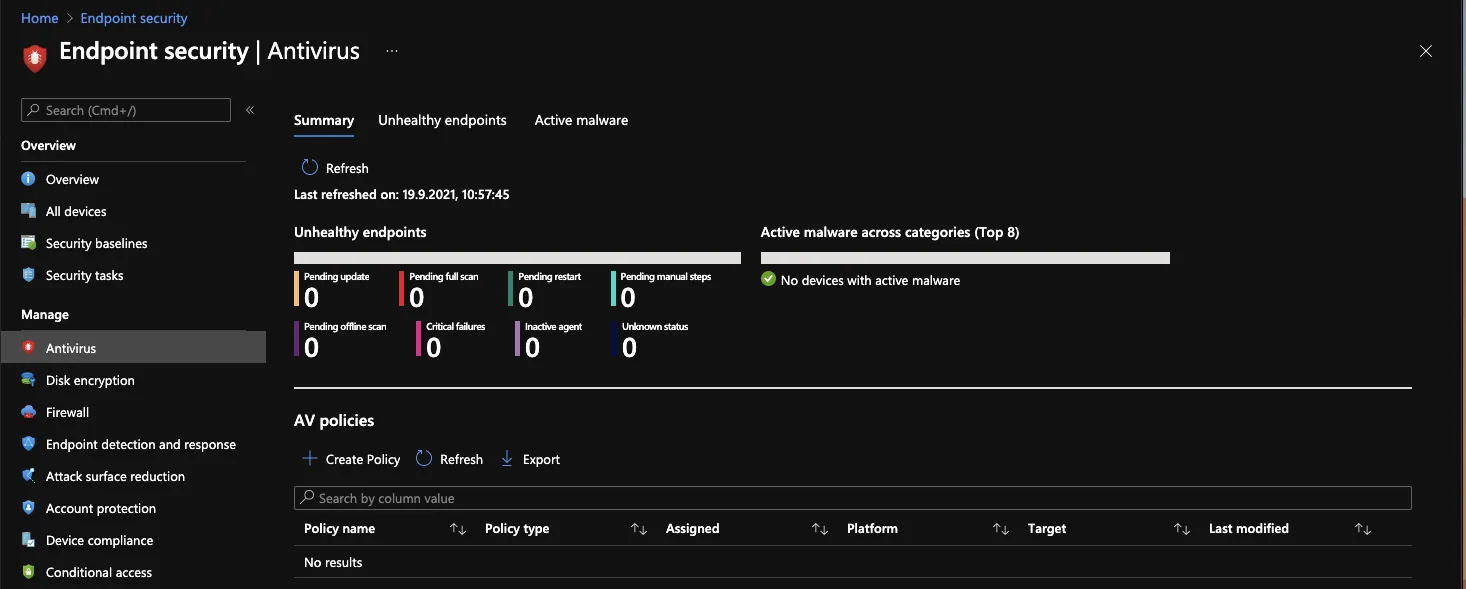 Microsoft Endpoint Manager Endpoint Security overview page