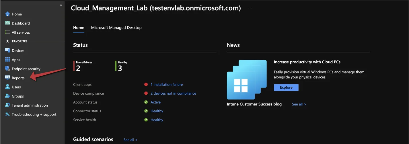 Microsoft Endpoint Manager Reports Dashboard Übersicht