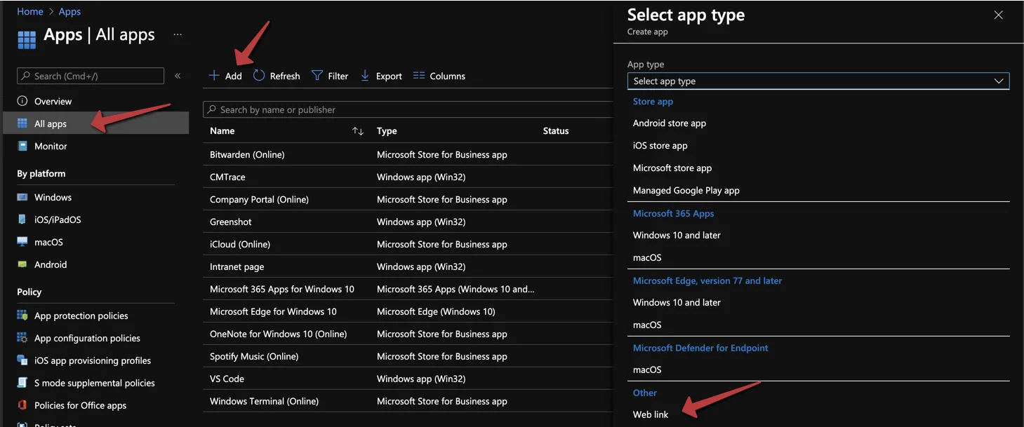 Microsoft Intune Bereich App hinzufügen mit Auswahl von Web link