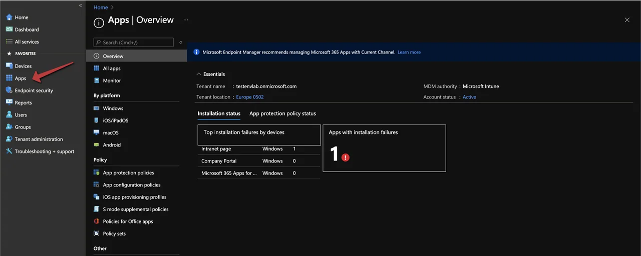 Übersichts-Dashboard der Microsoft Intune Apps im Endpoint Manager