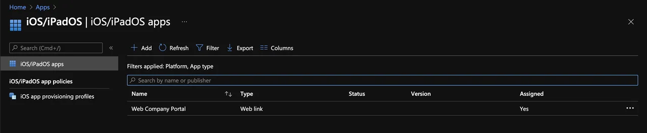 Intune Admin Console mit iOS- und iPadOS-Apps