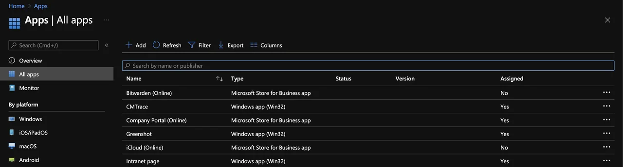 Microsoft Intune Seite zur Verwaltung aller Apps
