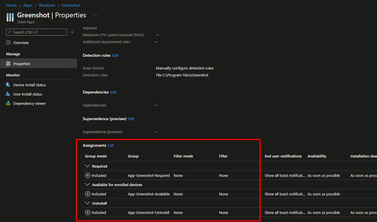 Microsoft Intune App-Übersicht mit Zuweisungsgruppen