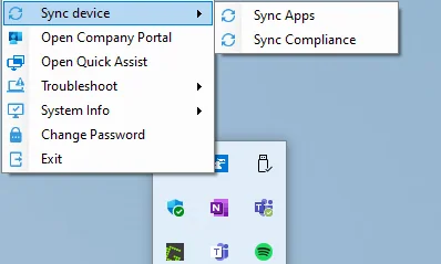 Company Portal System Tray Icon-Menü mit Troubleshooting-Tools