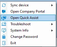 Company Portal System Tray-Menü mit Troubleshooting-Optionen