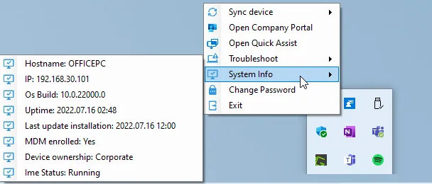 Company Portal System Tray-Menü mit Troubleshooting-Optionen