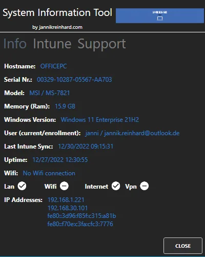 System Information and Self Service Tool