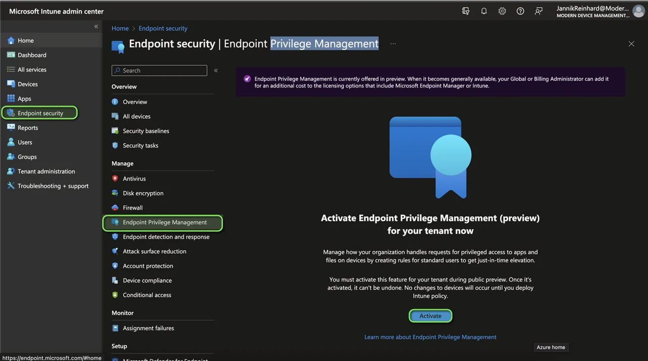 Setup-Bildschirm von Microsoft Intune Endpoint Privilege Management
