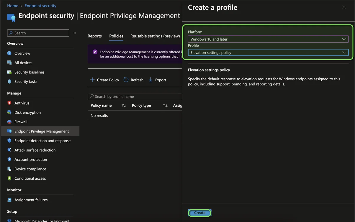 Setup-Bildschirm von Microsoft Intune Endpoint Privilege Management
