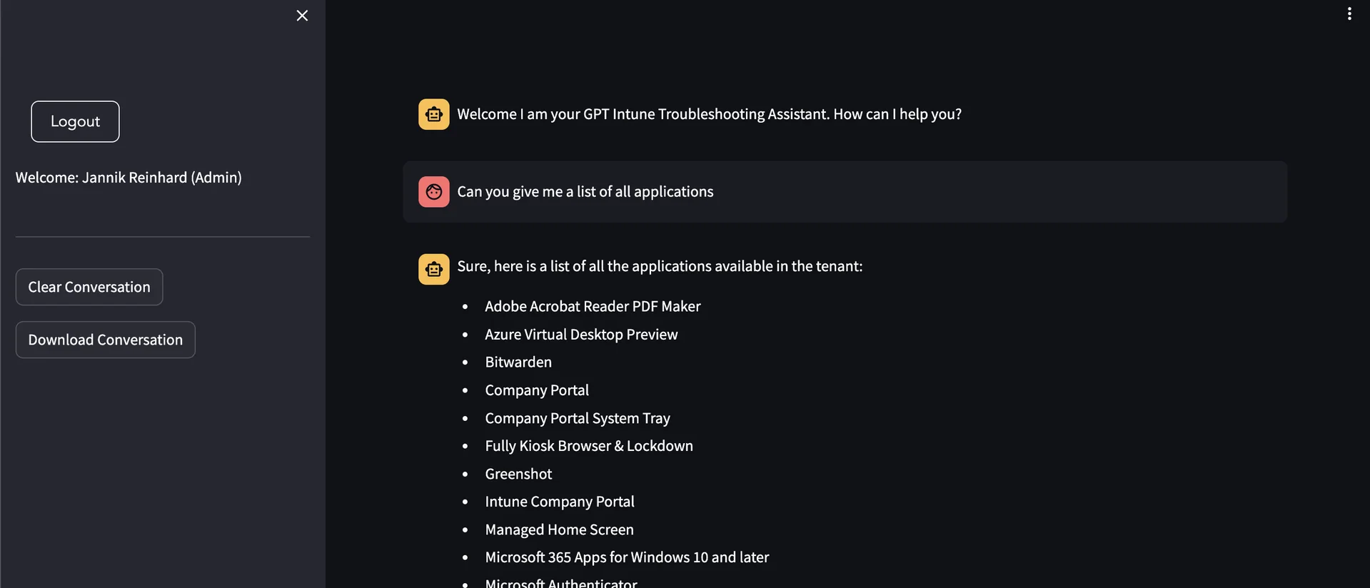 GPT Intune Chatbot zeigt eine App-Liste