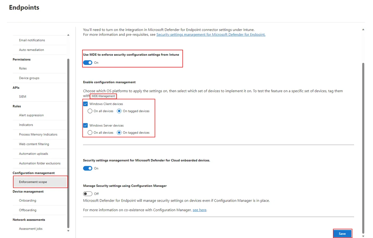 Enforcement-Scope-Einstellungen für Microsoft Defender for Endpoint und Intune