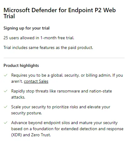 Seite für die Testlizenz von Microsoft Defender for Endpoint Plan