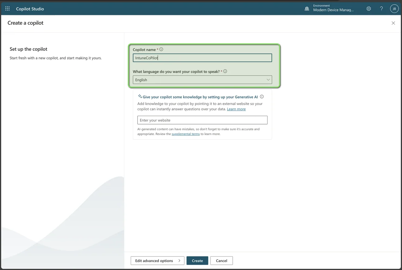 Microsoft Copilot Studio Oberfläche zum Erstellen eines Intune Copilot