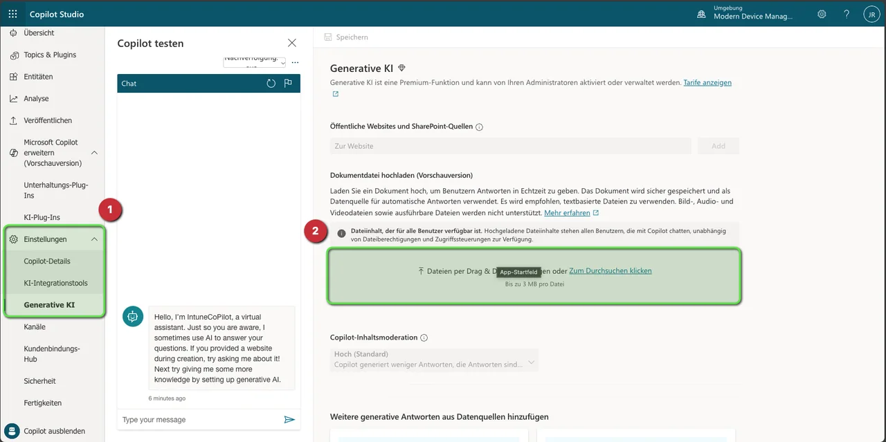 Microsoft Copilot Studio Oberfläche zum Erstellen eines Intune Copilot