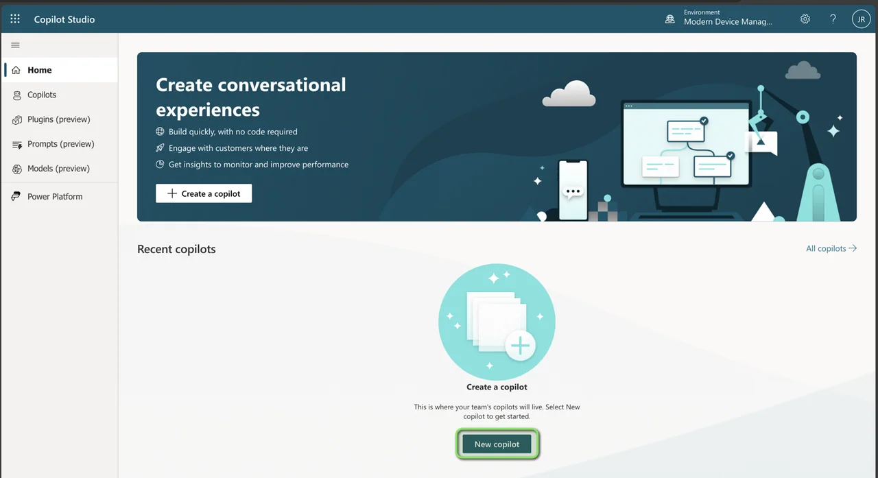 Microsoft Copilot Studio Oberfläche zum Erstellen eines Intune Copilot