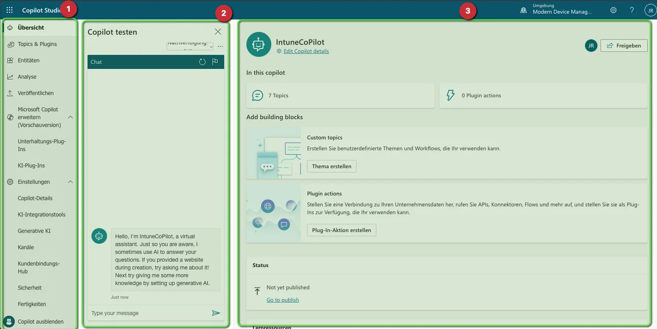 Microsoft Copilot Studio Oberfläche zum Erstellen eines Intune Copilot