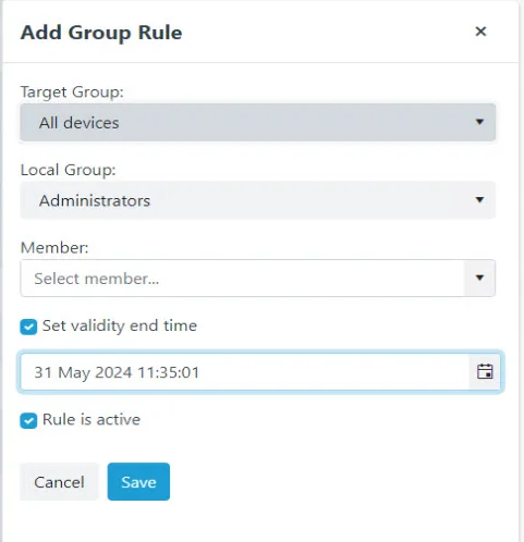 Bildschirm zum Hinzufügen einer Gruppenregel in Privilege Manager