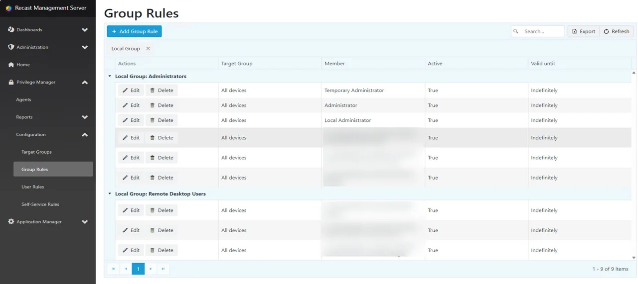 Seite mit Gruppenregeln in Privilege Manager für lokale Administratoren