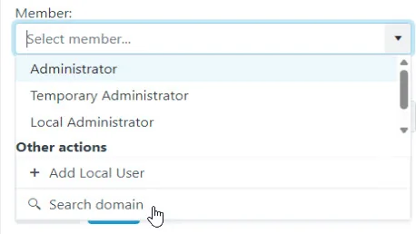 Dropdown zur Mitgliederauswahl in Privilege Manager für die lokale Administratorgruppe