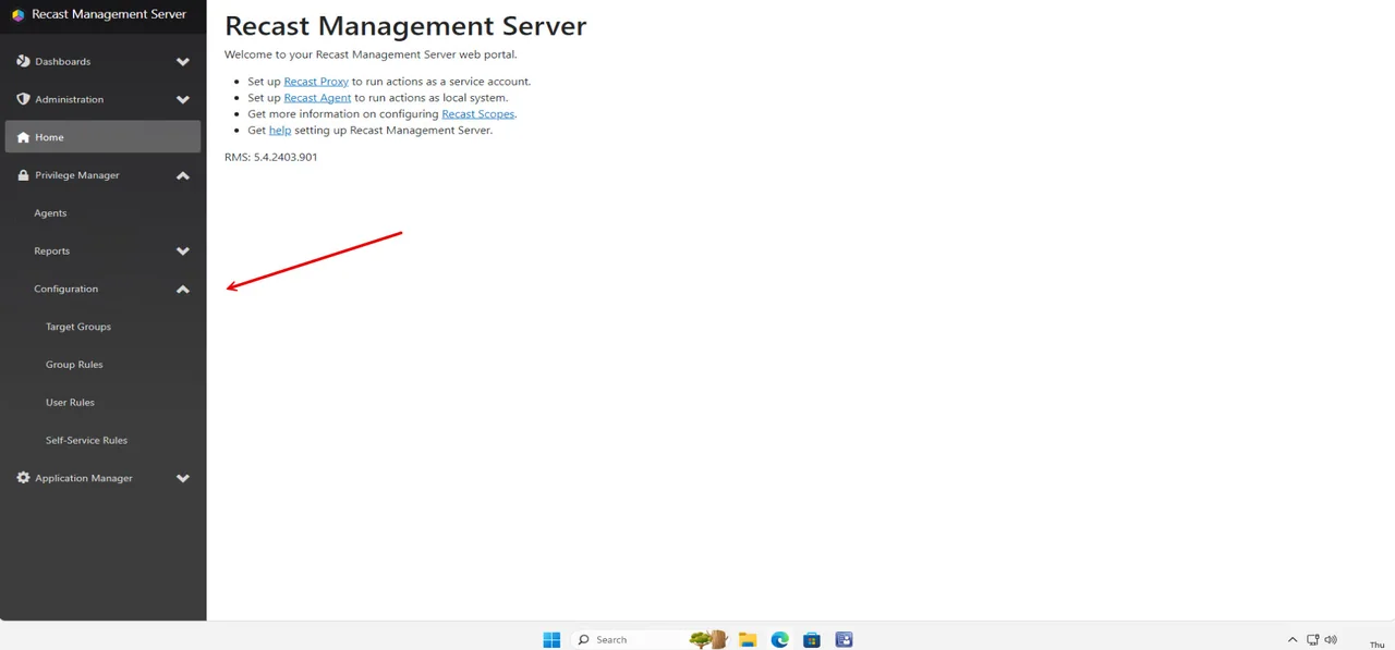 Oberfläche des Recast Management Server für Privilege Manager