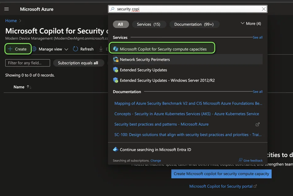 Microsoft Copilot for Security Einrichtungsbildschirm im Azure Portal