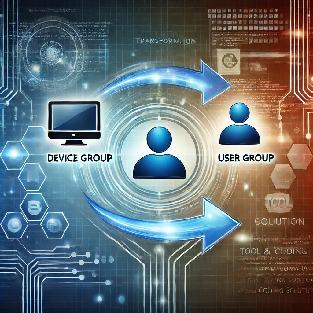 Symbole für Geräte- und Benutzergruppen, verbunden durch Microsoft Graph