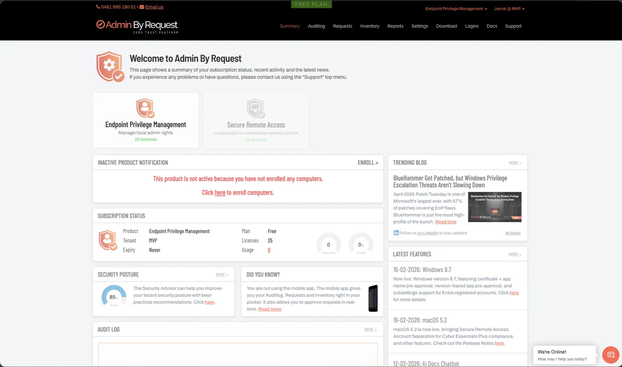 Zusammenfassungsseite des Admin By Request-Portals mit Endpoint Privilege Management, kostenloser Plan mit 25 Lizenzen und Sicherheitsbewertung