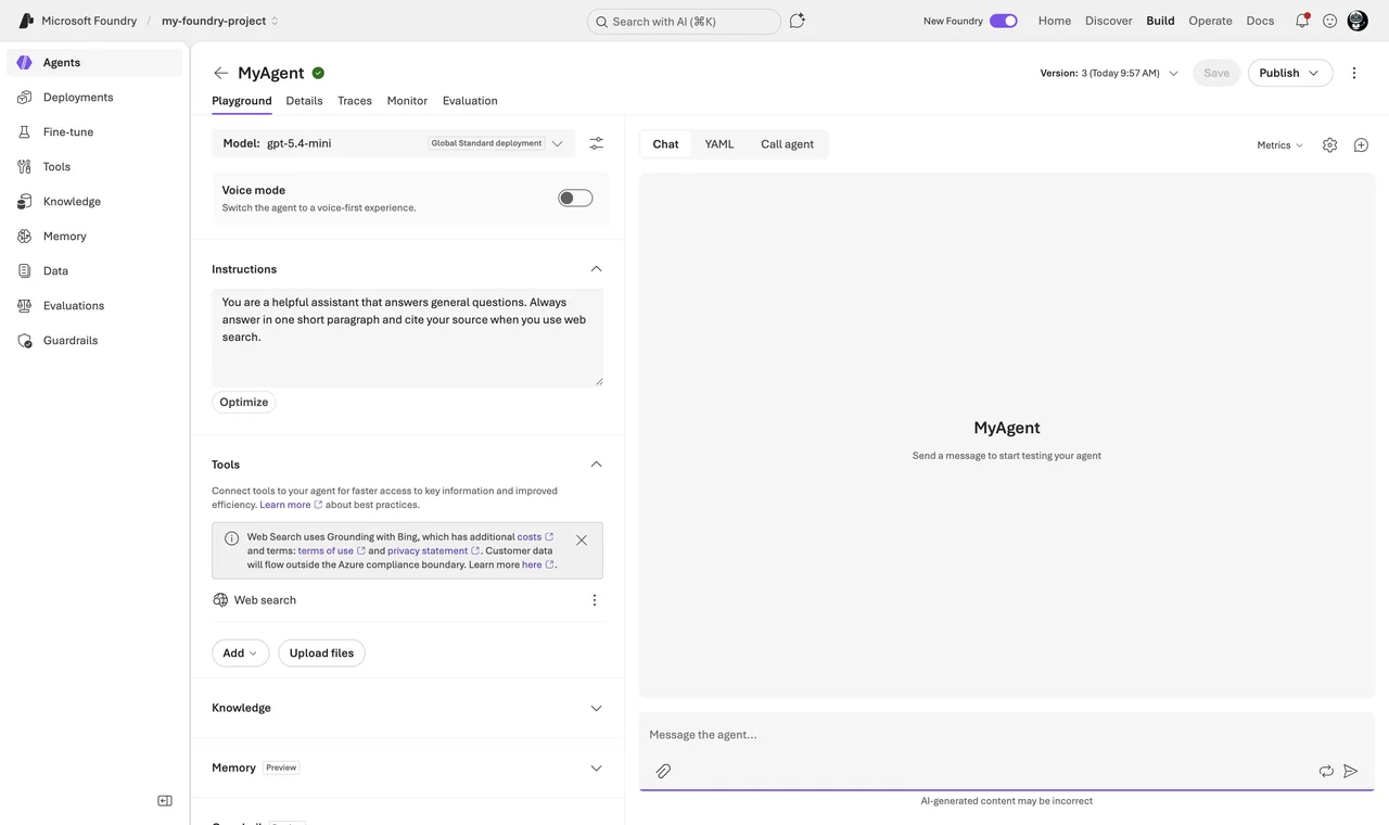 Agent editor with the Instructions field filled in, the model deployment selected and the