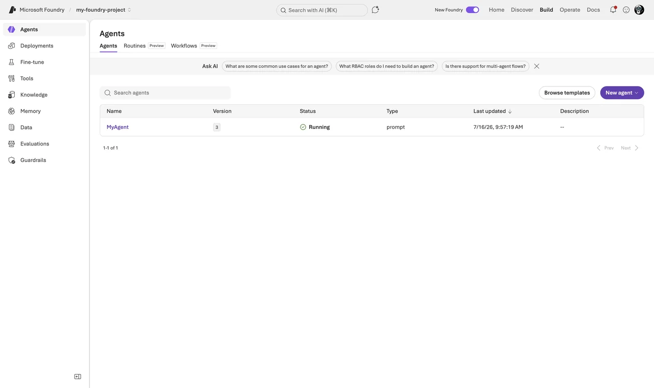 Foundry portal - Build - Agents showing the agents list with a hosted agent and its version