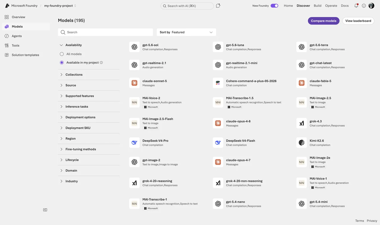 Foundry portal - Discover - Models — the model catalog with the Collection, Capabilities and