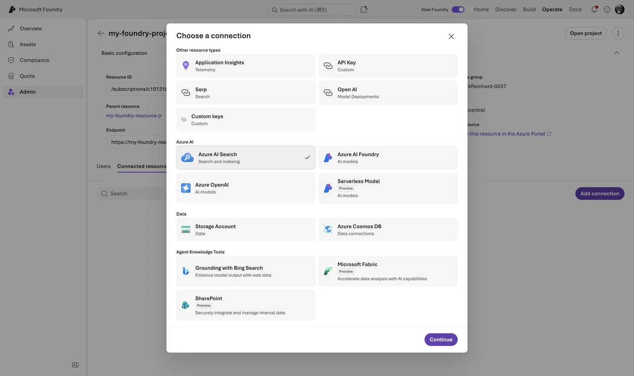 Foundry portal - Operate - Admin - project - Connected resources tab - Add connection dialog