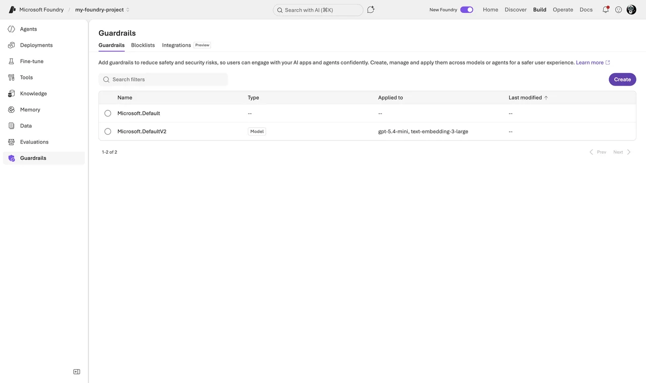 Foundry portal (ai.azure.com) - project my-foundry-project - Build - Guardrails