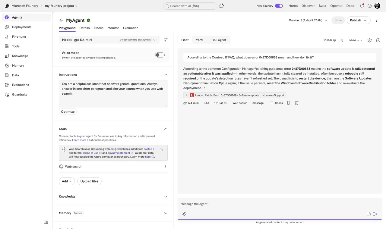 agent playground with a question answered from the knowledge base and the source citations