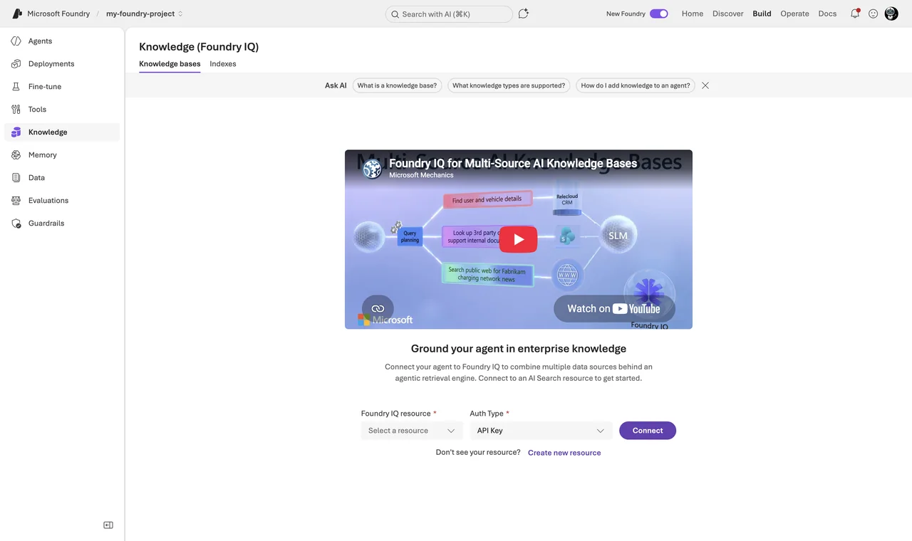 Foundry portal - project - Build - Knowledge tab — the knowledge base list or empty state with