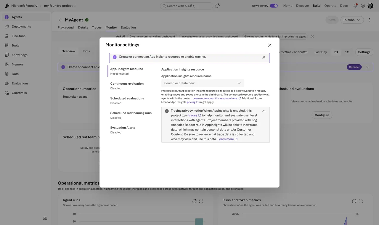 Foundry portal - Build - MyAgent - Monitor tab - gear icon (Monitor settings) with the panel