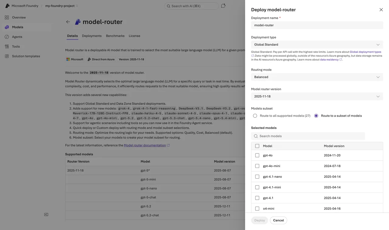 model-router deploy dialog with Custom settings open — the Routing mode dropdown