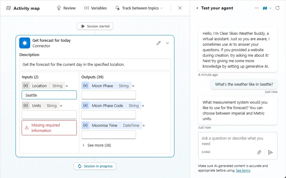 Copilot Studio activity map showing how the agent selects a tool during testing